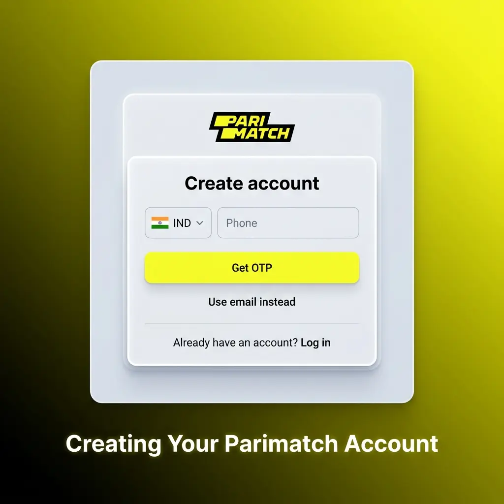 Parimatch account registration steps showing sign-up form with email, phone, social options and INR currency selection